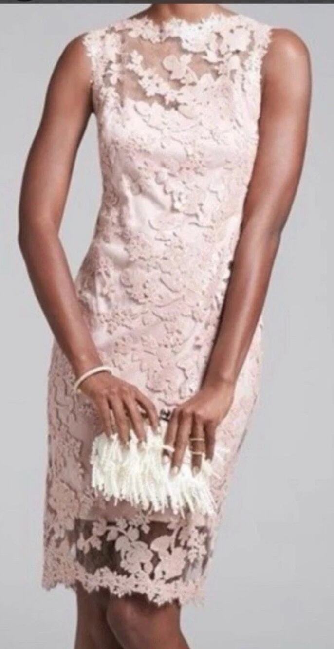 Tadashi Shoji Lace Sequin Illusion Sheath Dress Women’s 8 Blush Pink Elegance